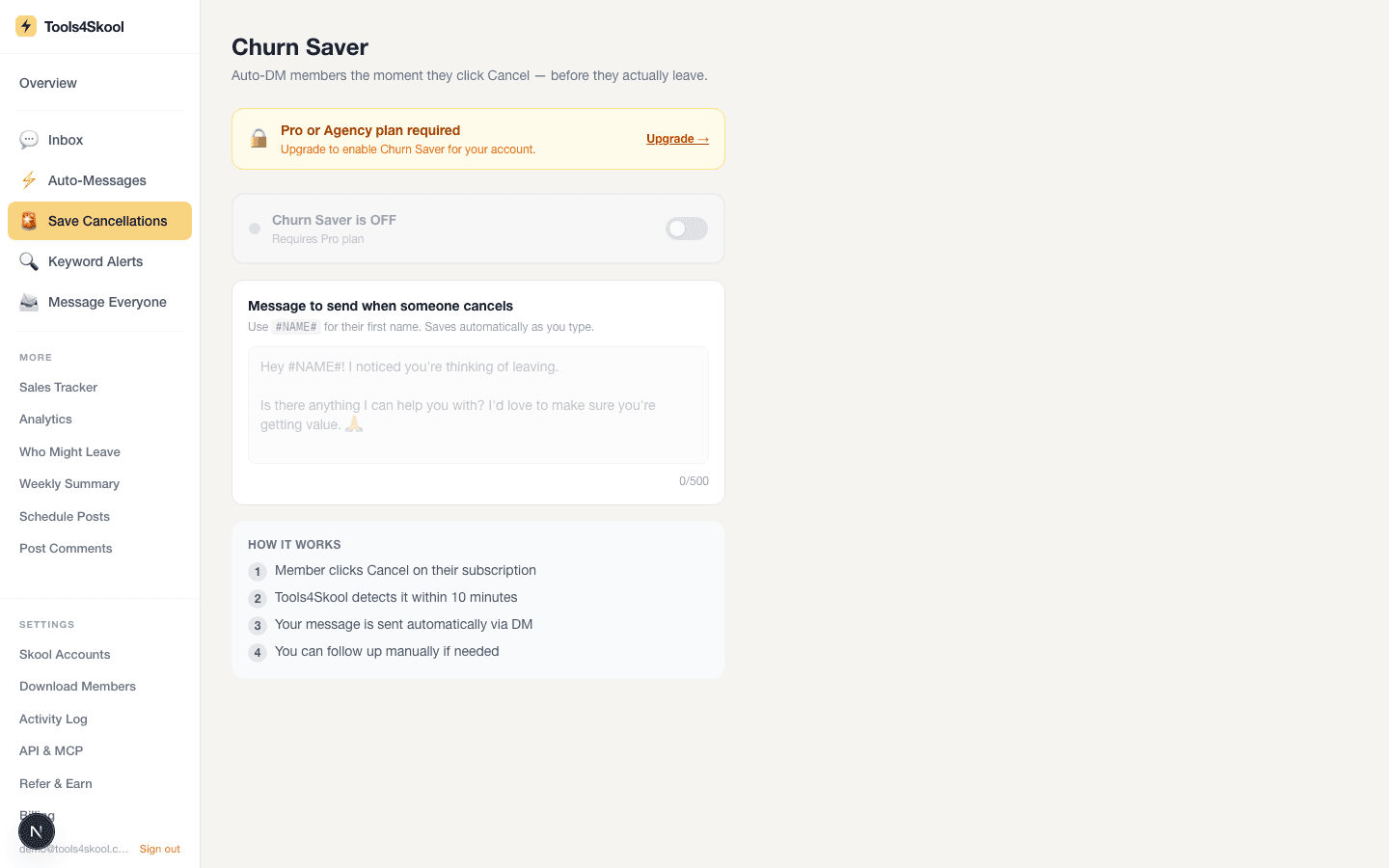 Tools4Skool Churn Saver — Skool automation dashboard